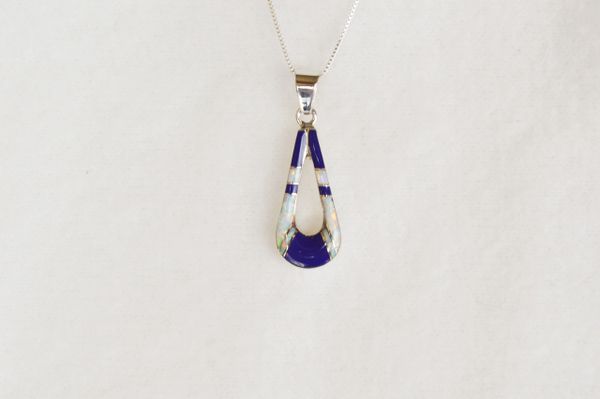Sterling silver white opal and lapis inlay hollow teardrop pendant with sterling silver 18" box chain. N063.