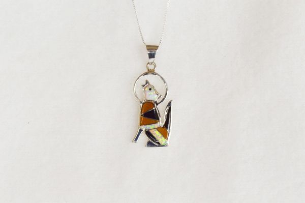 Sterling silver white opal, black onyx and tiger eye inlay coyote pendant with sterling silver 18" box chain. N064.
