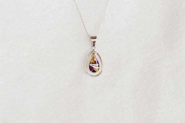 Sterling silver multi color inlay teardrop in hoop pendant with sterling silver 18" box chain. N069.