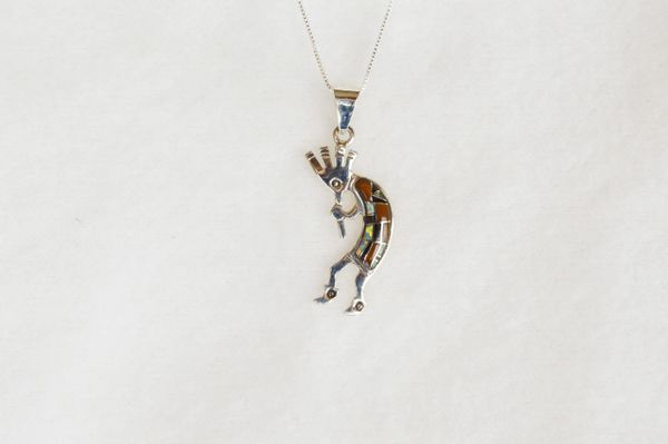 Sterling silver white opal, tiger eye and black onyx kokopelli pendant with sterling silver 18" box chain. N074.