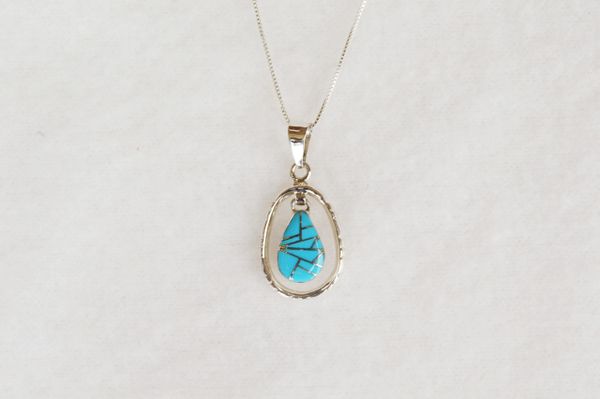 Sterling silver turquoise inlay teardrop in hoop pendant with sterling silver 18" box chain. N076.