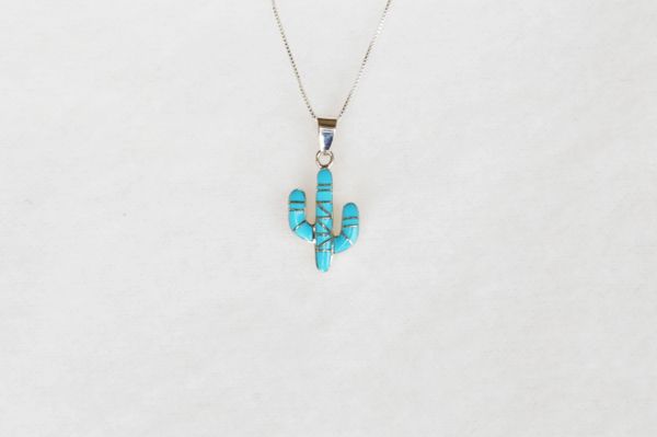 Sterling silver turquoise inlay cactus pendant with sterling silver 18" box chain. N077.