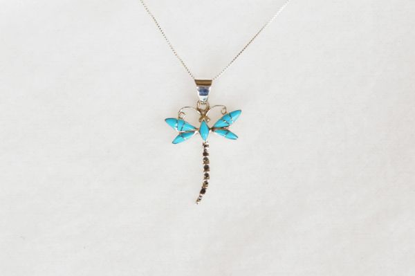 Sterling silver turquoise inlay dragonfly pendant with sterling silver 18" box chain. N078.
