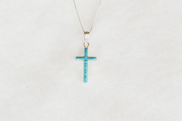 Sterling silver turquoise inlay cross pendant with sterling silver 18" box chain. N080.