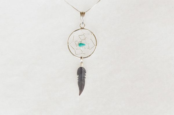Sterling silver turquoise dream catcher pendant with sterling silver 18" box chain. N082.