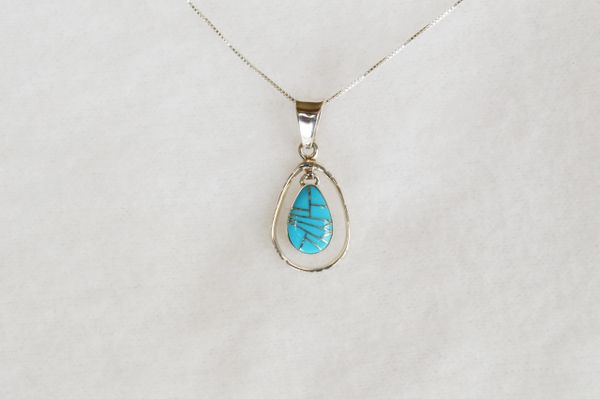 Sterling silver turquoise inlay teardrop in hoop pendant with sterling silver 18" box chain. N088.