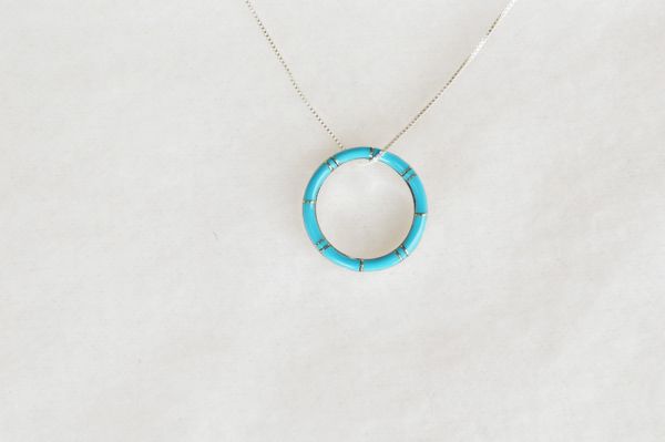 Sterling silver turquoise inlay hoop pendant with sterling silver 18" box chain. N089.
