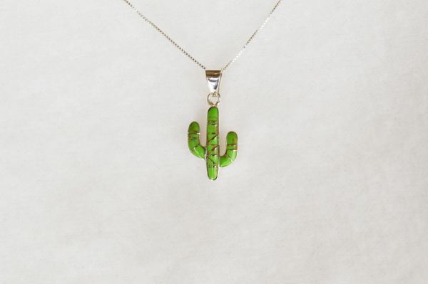 Sterling silver gaspeite inlay cactus pendant with sterling silver 18" box chain. N095.
