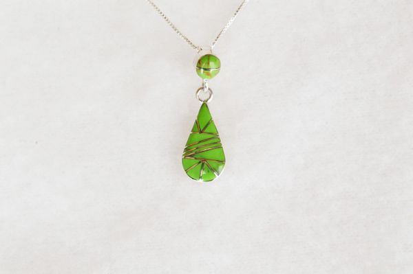 Sterling silver gaspeite inlay teardrop pendant with sterling silver 18" box chain. N096.