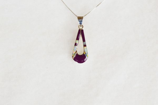 Sterling silver white opal and sugilite inlay hollow teardrop pendant with sterling silver 18" box chain. N098.