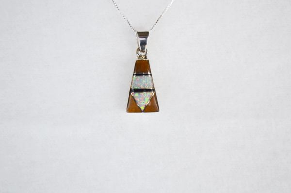 Sterling silver white opal, tiger eye and black onyx inlay pillar pendant with sterling silver 18" box chain. N108.
