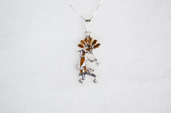Sterling silver mother of pearl and tiger eye inlay kokopelli pendant with sterling silver 18" box chain. N111.