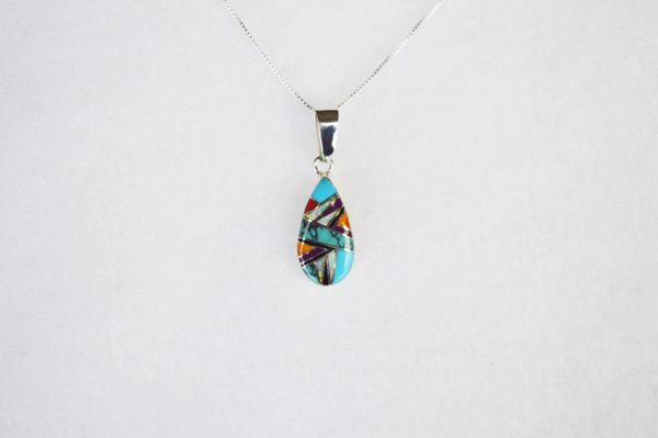 Sterling silver multi color inlay teardrop pendant with sterling silver 18" box chain. N114.