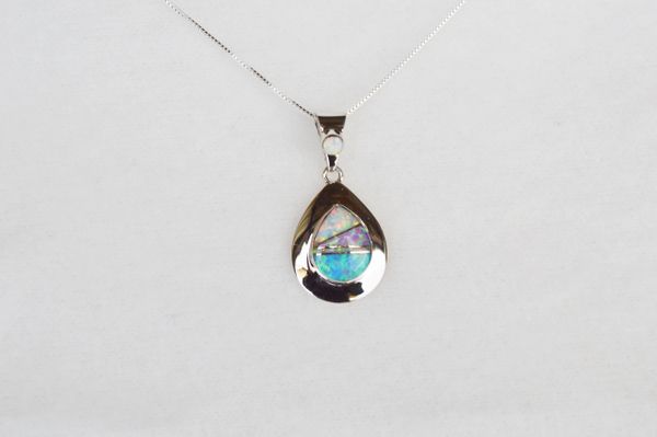 Sterling silver white pink and blue opal inlay raindrop pendant with sterling silver 18" box chain. N118.