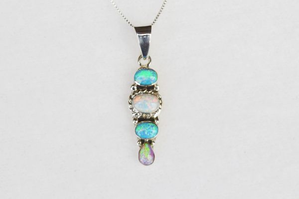Sterling silver white pink and blue opal 4 oval pendant with sterling silver 18" box chain. N123.