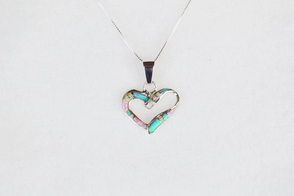 Sterling silver white pink and blue opal inlay heart pendant with sterling silver 18" box chain. N124.