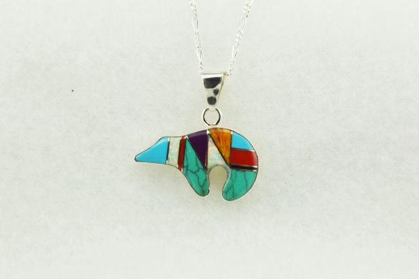 Sterling silver multi color inlay spirit bear pendant with sterling silver figaro 18" chain. N138