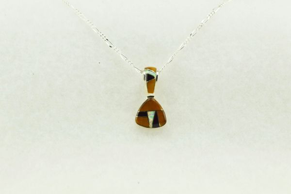 Sterling silver tiger eye, black onyx and white opal pick shape pendant with sterling silver 18" figaro chain. N147