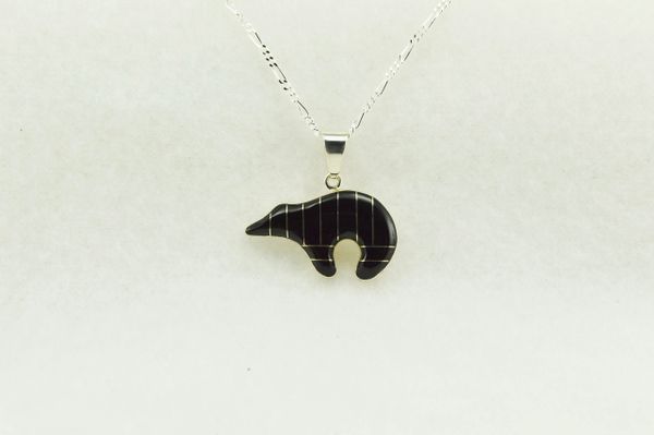Sterling silver black onyx inlay spirit bear pendant with sterling silver 18" figaro chain. N149