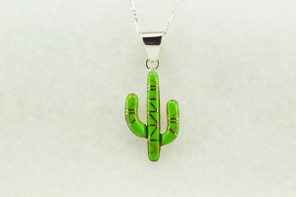 Sterling silver gaspeite inlay cactus pendant with sterling silver 18" figaro chain. N155