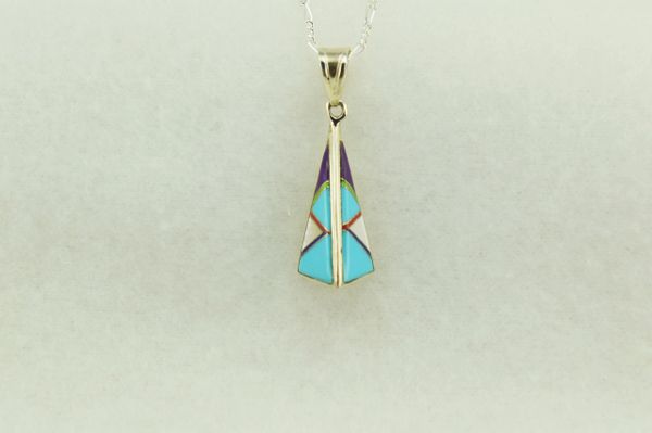 Sterling silver multi color two sided pyramid pendant with sterling silver 18" figaro chain. N157