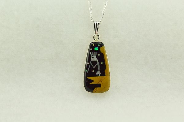 Sterling silver black onyx, tiger eye and mother of pearl inlay kokopelli pendant with sterling silver 18" figaro chain. N163