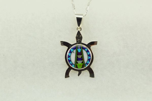 Sterling silver multi color inlay turtle pendant with sterling silver 18" figaro chain. N164