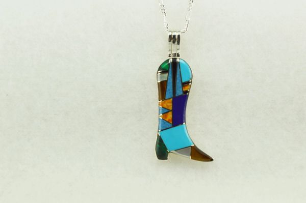 Sterling silver multi color inlay boot pendant with sterling silver 18" figaro chain. N165