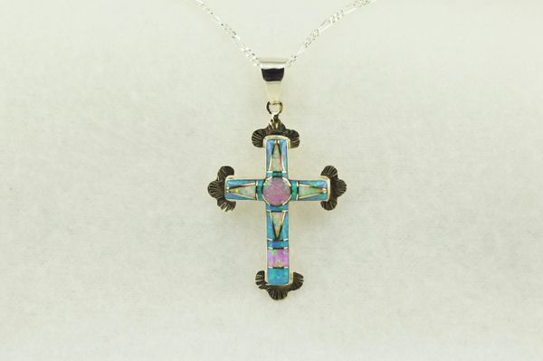 Sterling silver white, pink and blue opal inlay cross pendant with sterling silver 18" figaro chain. N178