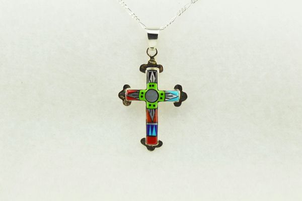 Sterling silver multi color inlay cross pendant with sterling silver 18" figaro chain. N181
