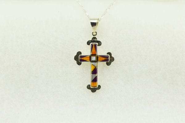 Sterling silver multi color inlay cross pendant with sterling silver 18" figaro chain. N182