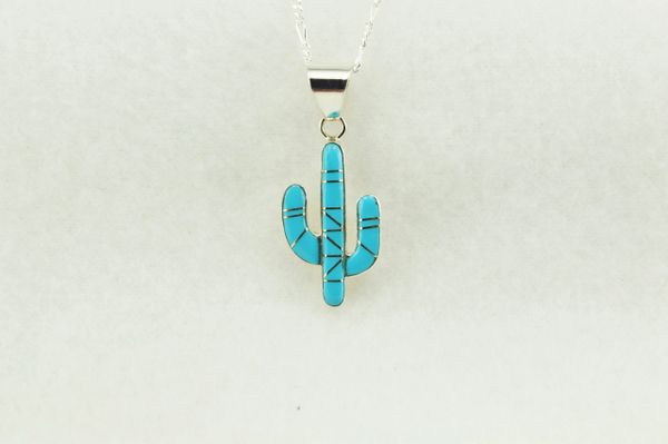 Sterling silver turquoise inlay cactus pendant with sterling silver 18" figaro chain. N207