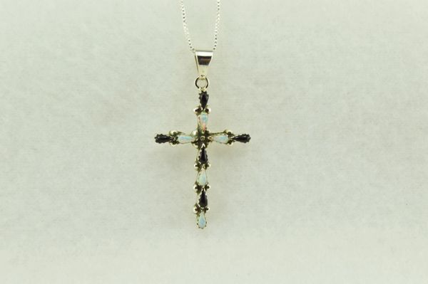 Sterling silver black onyx and white opal cross pendant with sterling silver 18" box chain. N227