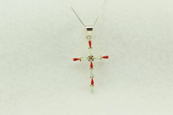 Sterling silver coral and white opal cross pendant with sterling silver 18" box chain. N229