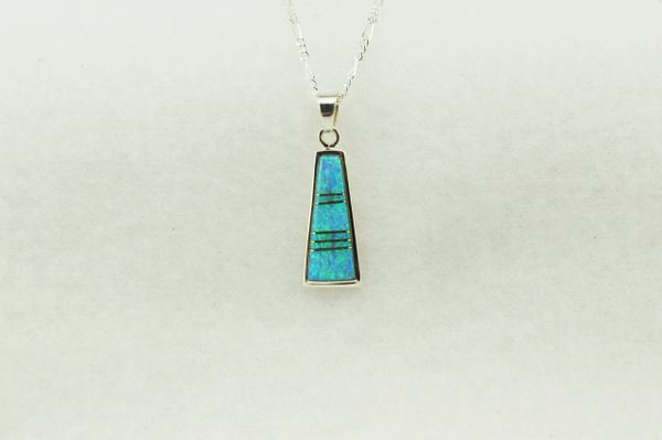 Sterling silver blue opal inlay tall triangle pendant with sterling silver 18" figaro chain. N233