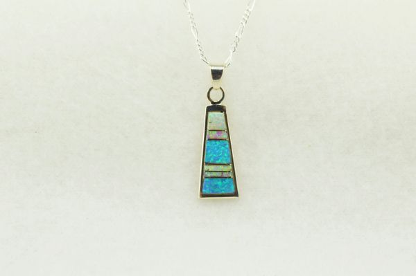 Sterling silver pink, white and blue opal inlay tall triangle pendant with sterling silver 18" figaro chain. N243