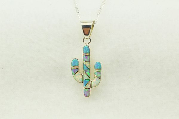 Sterling silver pink, white and blue opal inlay tall cactus pendant with sterling silver 18" figaro chain. N244