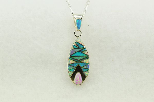 Sterling silver pink, white and blue opal inlay corn cob shaped pendant with sterling silver 18" figaro chain. N245