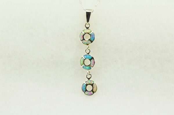 Sterling silver pink, white and blue opal inlay 3 tier oval pendant with sterling silver 18" figaro chain. N247