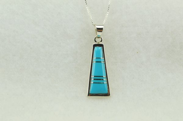 Sterling silver turquoise inlay tall triangle pendant with sterling silver 18" box chain. N254