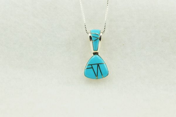 Sterling silver turquoise inlay pick shaped pendant with sterling silver 18" box chain. N255