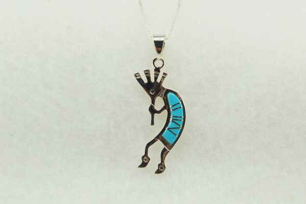Sterling silver turquoise inlay kokopelli pendant with sterling silver 18" box chain. N256