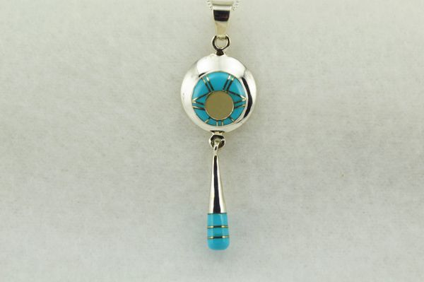 Sterling silver turquoise inlay oval with drop down pendant with sterling silver 18" box chain. N257