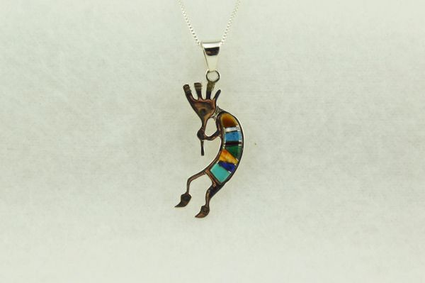Sterling silver multi color inlay kokopelli pendant with sterling silver 18" box chain. N275