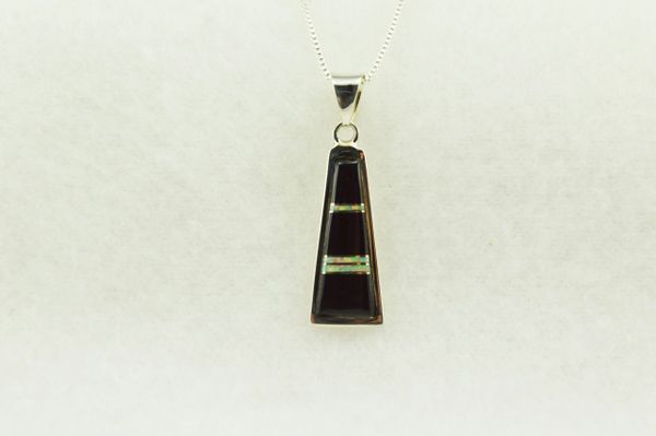 Sterling silver black onyx and white opal inlay tall triangle pendant with sterling silver 18" box chain. N279