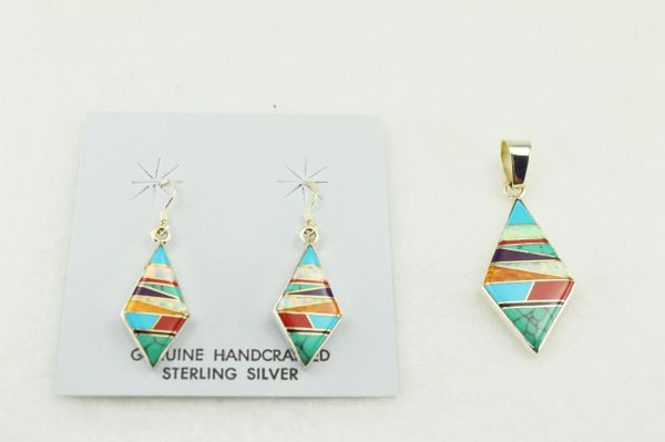 Sterling silver multi color inlay diamond earrings and pendant set. S123
