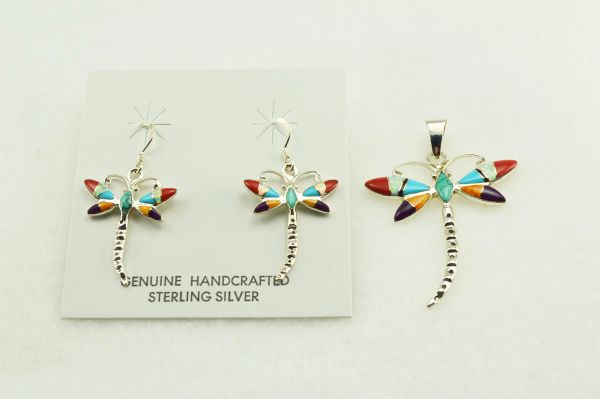Sterling silver multi color inlay dragonfly earrings and pendant set. S126