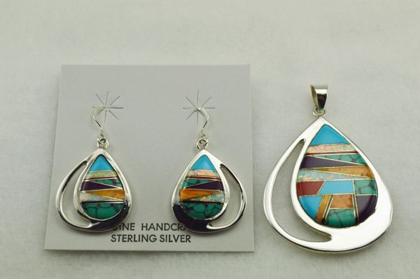 Sterling silver multi color inlay raindrop earring and pendant set. S132
