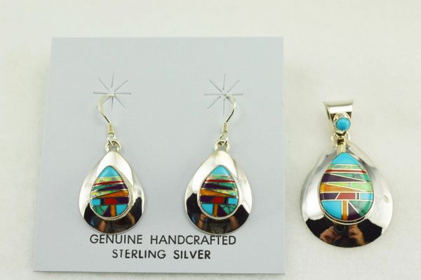 Sterling silver multi color inlay teardrop earrings and pendant set. S133