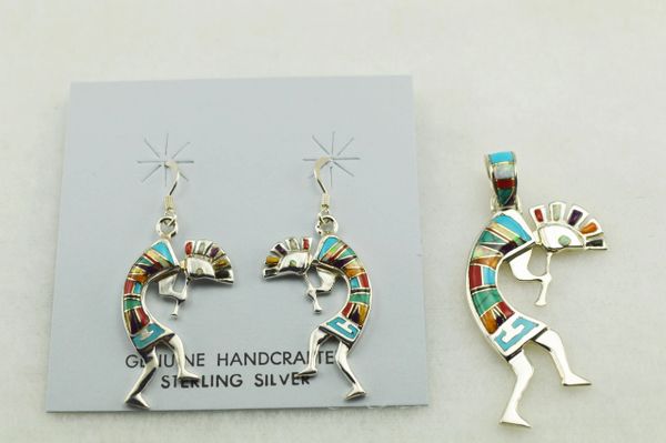 Sterling silver multi color inlay kokopelli earrings and pendant set. S134